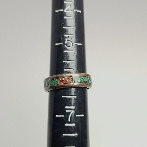 Vintage Inlaid Silver Tone Band Ring, Tarnished, Blue Red, Stacking Size 6 - Picture 4 of 7